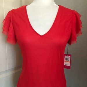 Vince Camuto Flutter Cap Sleeve Mesh Overlay Bright Coral V-Neck Top NWT Small